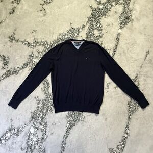 Tommy Hilfiger Sweater Mens Size M Navy Soft Cotton Blend Pullover V Neck Logo